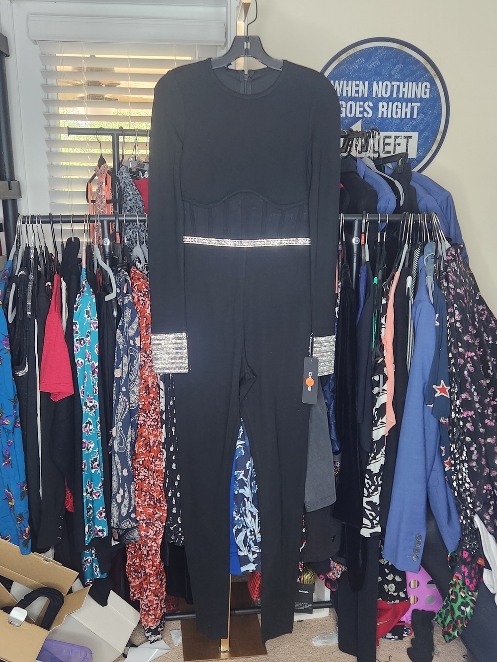 bebe Black Long-Sleeve Jumpsuit with Silver Embellishment